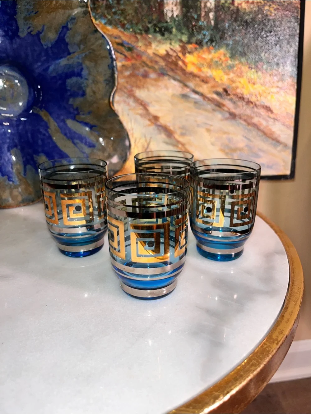 MCM style footed cocktail glasses (4) blue gold silver barware retro Greek key